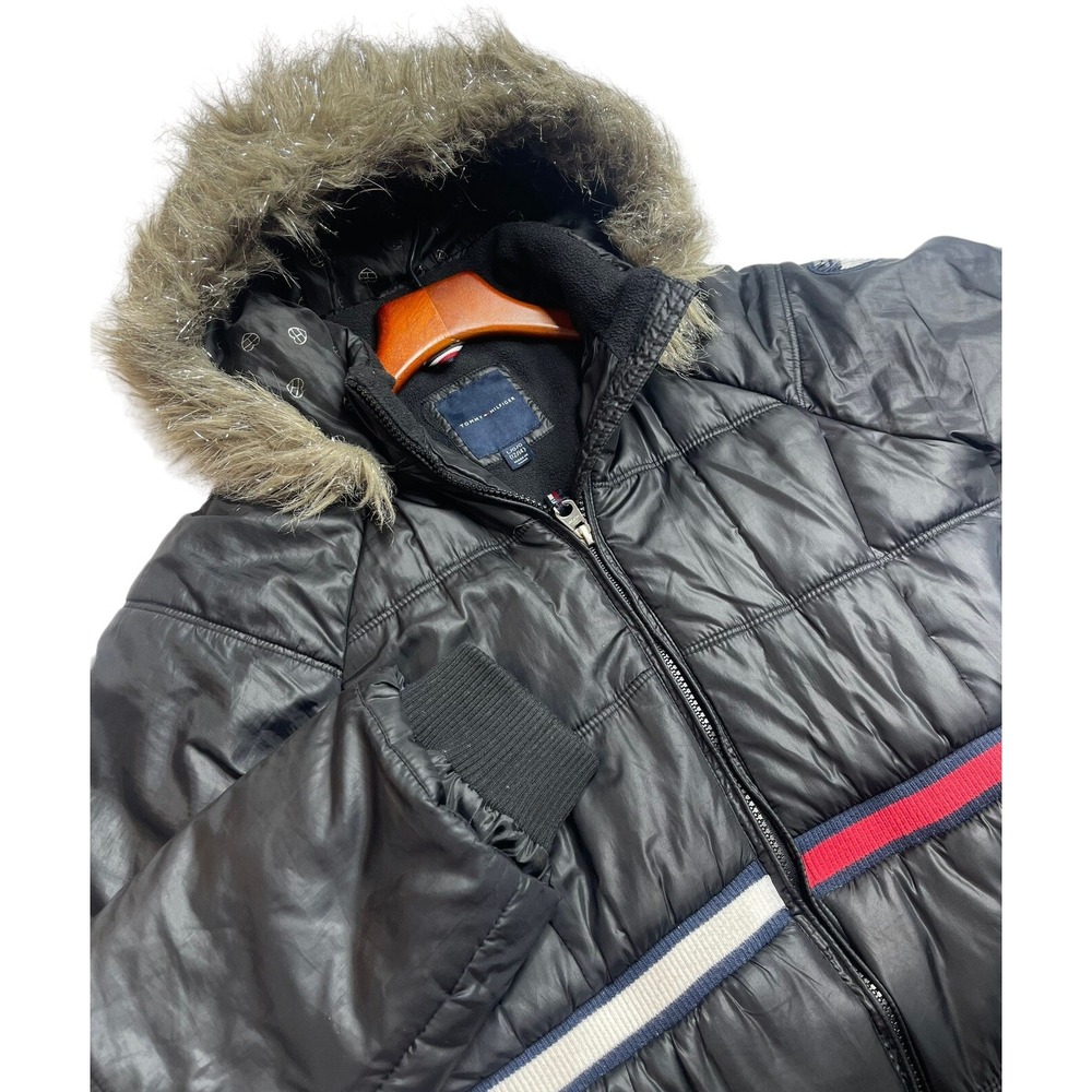 Tommy  Hilfiger Girls  Fur Hooded Parka  Puffer  Black Winter Jacket Coat Sz L‎